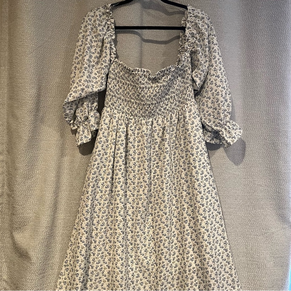 Entro blue & white floral smocked long sleeve off the shoulder midi dress NWT!
